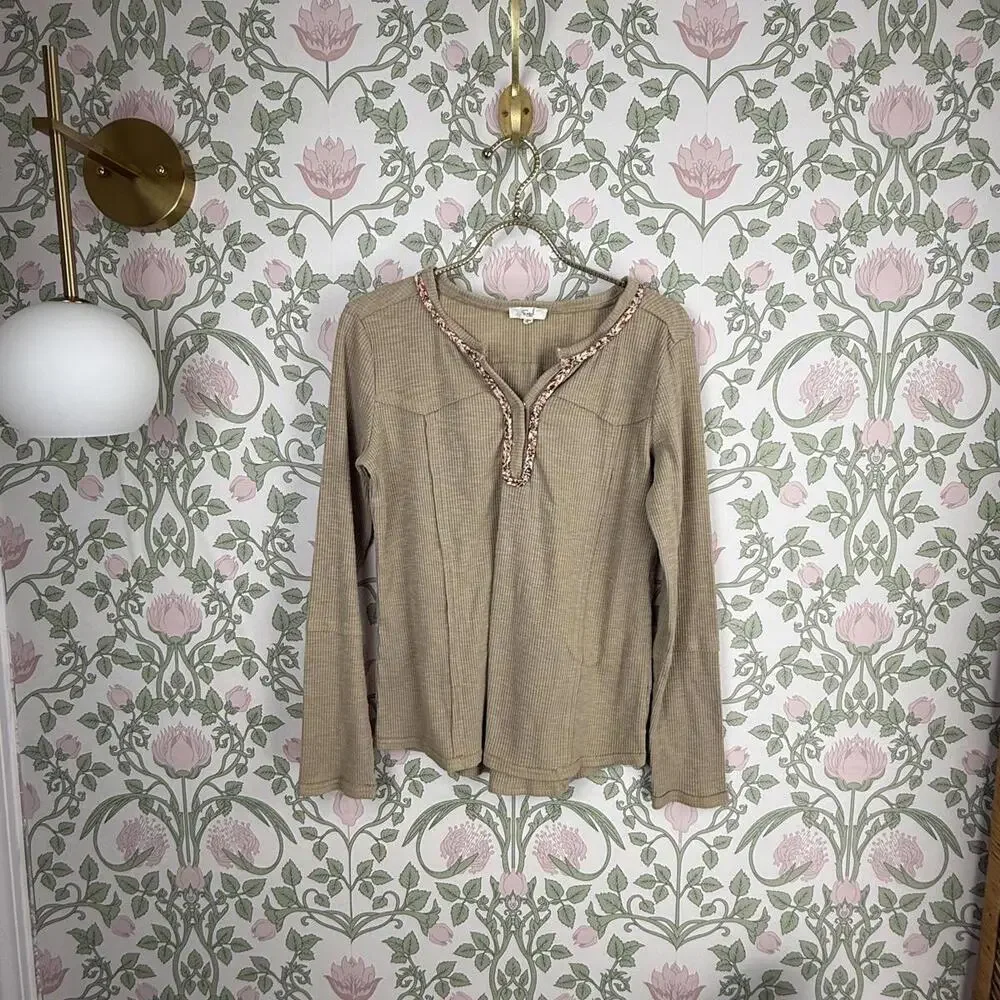 Easel Beige Bohemian Floral Pink Trim Henley Long Sleeve Tee - Size - Small